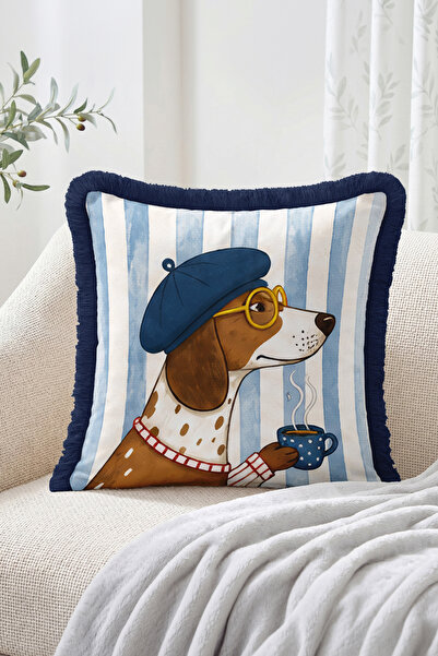 Realhomes Blue Striped Fringed-Tasseled Throw Pillow Cover with Dog Figure Dr...