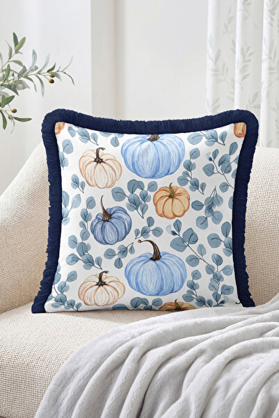 Realhomes Blue Pumpkin and Leaf Pattern Fringed-Tasseled Throw Pillow Cover, ...