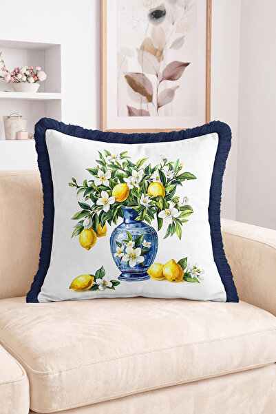 Realhomes Lemon and Floral Blue Vase Patterned Fringed-Tasseled Throw Pillow ...
