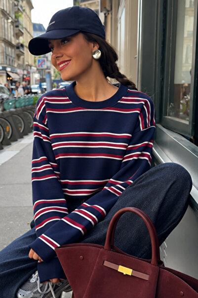 Bipantolon Kadın Bordo Lacivert Beyaz Çizgili Bisiklet Yaka Oversize Sweatshirt