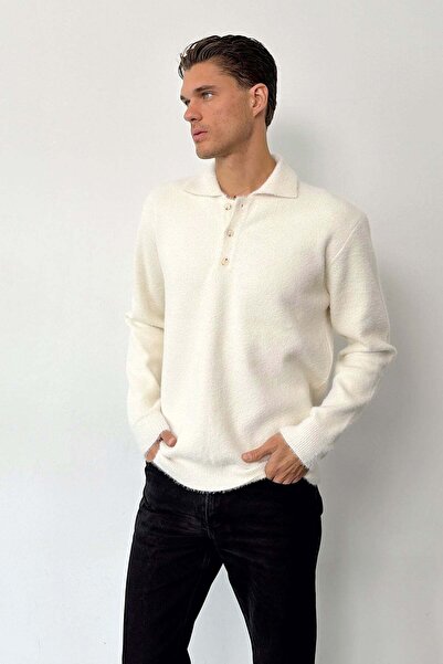 JB John Borners Men's Polo Collar Buttoned Bearded Knit Sweater White - 2679
