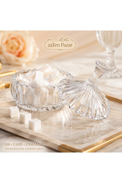 zaTen Pazar Brasilia Tajin Kapaklı Cam Şekerlik 235 ml 16 cm Çizgili Kristal ...