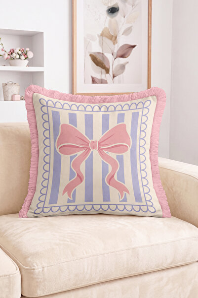 Realhomes Large Pink Bow and Lilac Striped Frame Patterned Fringed-Tasseled T...