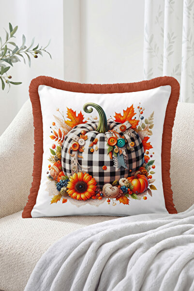 Realhomes Fall Pumpkin and Checkered Floral Pattern Fringe-Tassel Throw Pillo...