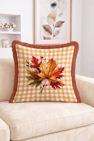 Realhomes Fall Leaves and Orange Checkered Pattern Throw Pillow Cover with Fr...
