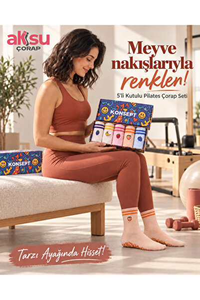 AKSU ÇORAP Fruit Basket — Fruit Embroidered 5-Piece Boxed Pilates Socks Set