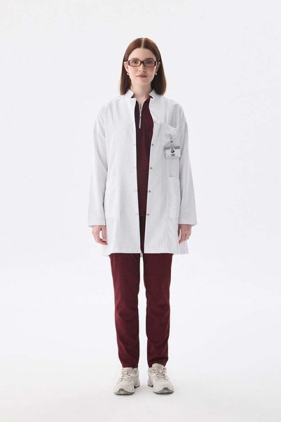 oksijen uniform Women's Long Sleeve White Snap-Front Apron Jacket - High Collar