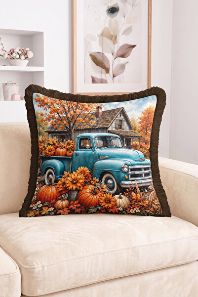 Realhomes Vintage Turquoise Pickup Truck, Pumpkin and Sunflower Patterned Fal...