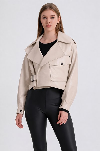 Leather Club Bej Crop Oversize Deri Ceket