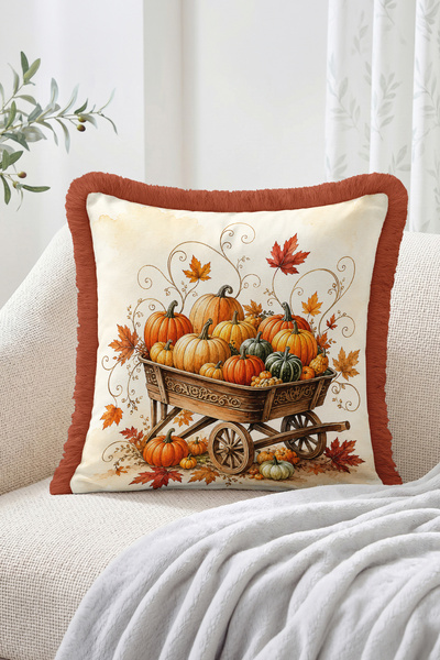 Realhomes Fall Pumpkins and Wheelbarrow Pattern Reversible Decorative Fringe-...
