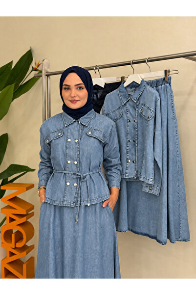 Magazin Set jachetă cu curea și fustă lungă DENIM DESCHIS 7593