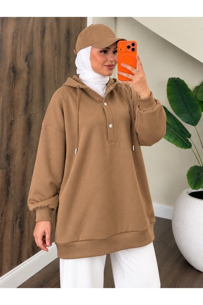 onlymoon Kadın Tesettür 3 İplik Oversize Kapüşonlu Sweatshirt | %100 Pamuk | ...