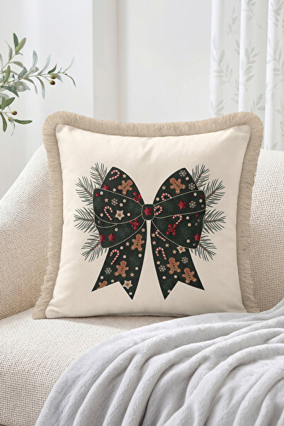 Realhomes Christmas Bow Gingerbread Pattern Fringed-Tasseled Throw Pillow Cover