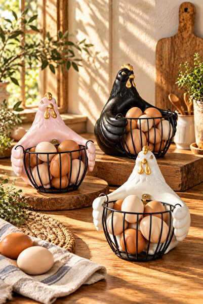 House Bird Horoz Figürlü Plastik Yumurtalık Metal Sepetli Dekoratif Mutfak Dü...