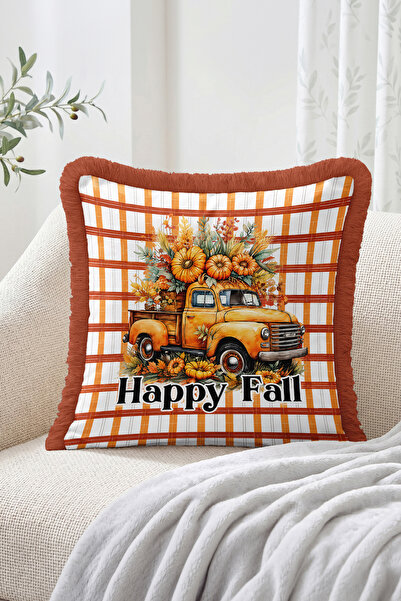 Realhomes Happy Fall Written Autumn Floral Truck Figured Plaid Patterned Frin...