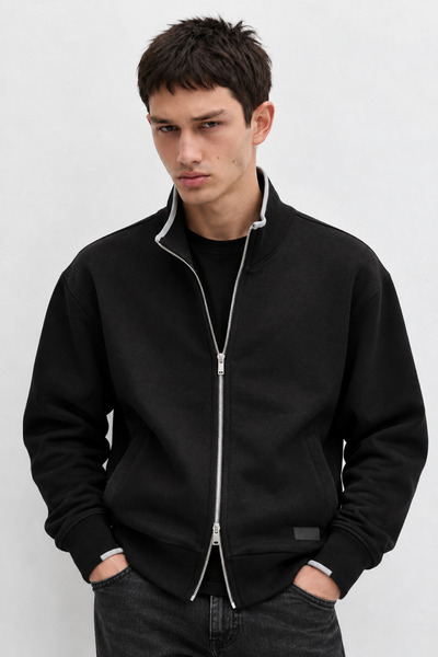Manche Dik Yaka Fermuarlı Erkek Sweatshirt Ceket |