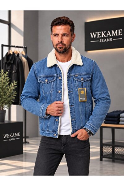 WKM Men's Casual Regular Fit Fur Lined Denim Jacket