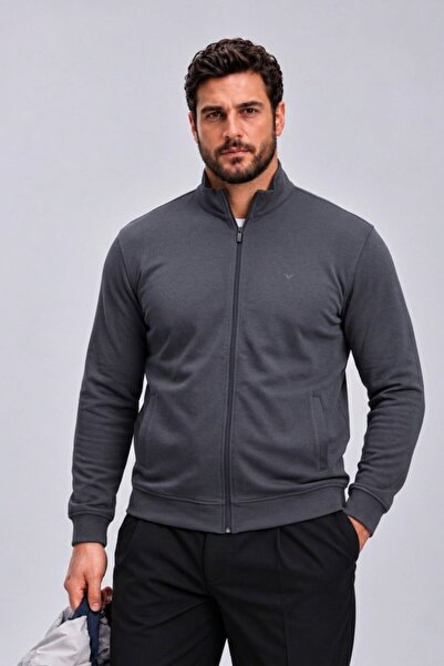 Maccali Men's Plus Size Casual Zippered Smoked Stand Collar Cardigan