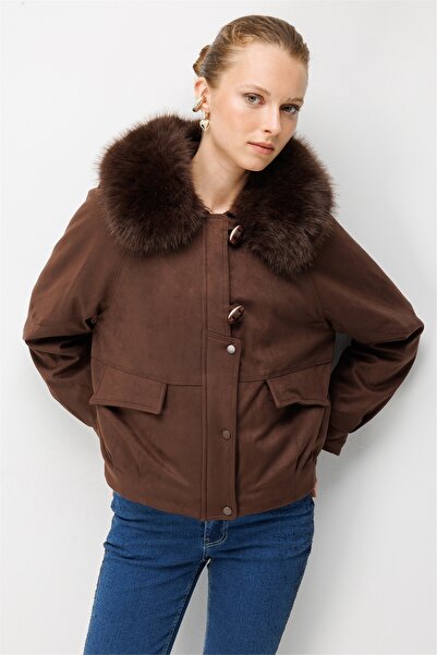 Ekol Women's Suede Coat with Fur Lining and Pocket, Brown