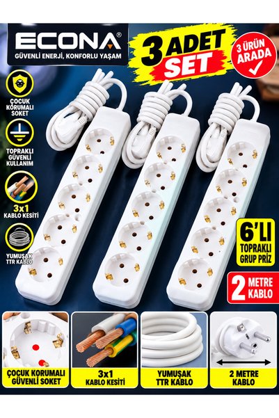 ECONA 3 ADET--6'lı Topraklı Grup Priz 2 Metre Kablolu - Çoklu Uzatmalı Priz S...