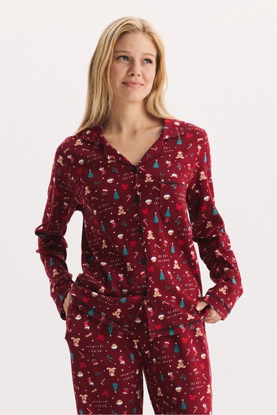 Etoile 100% Cotton Fabric Long Sleeve Front Buttoned Shirt Collar Pajama Set 27305-27306