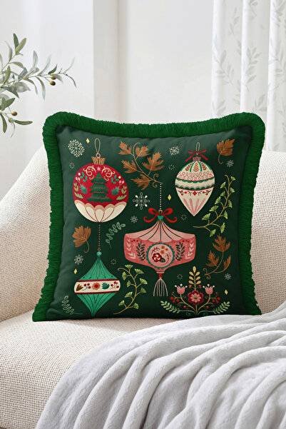 Realhomes Christmas Ornament, Floral and Leaf Patterned Fringed-Tasseled Thro...