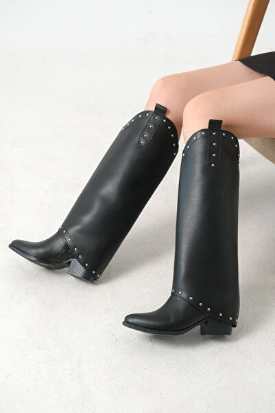 Bak Store Black Leather Women's Boots Cowboy Boots with Detachable Leg Warmer...
