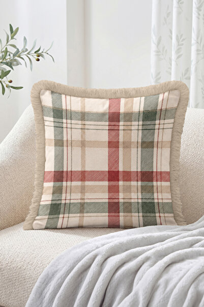Realhomes Classic Plaid Pattern Cream Green and Red Fringed-Tasseled Throw Pi...