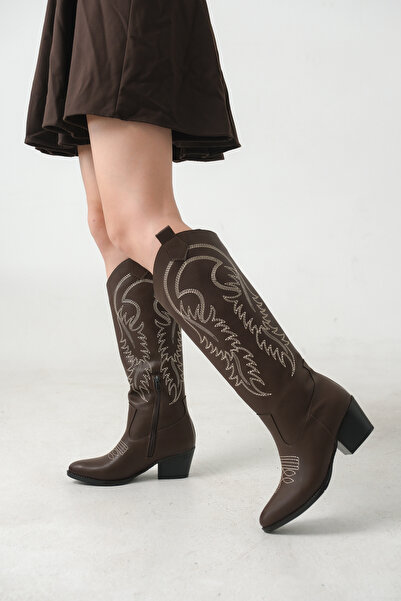 Bak Store Brown White Cowboy Women's Boots with Zipper and Embroidery, Wester...