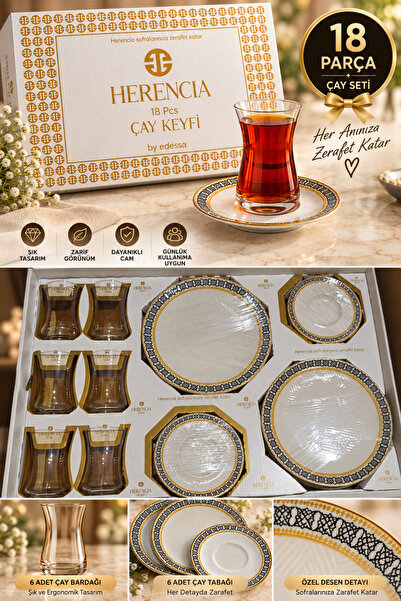 Herencia 18 Parça 6 Kişilik Gold Detaylı Desenli Çay ve Pasta Seti – 6 Çay Ba...