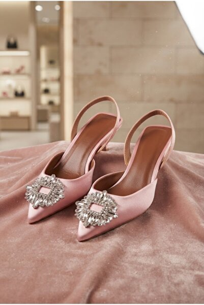 Suuet Aksas Women's Heeled Shoes Thin Heeled Front Stoned Powder Satin
