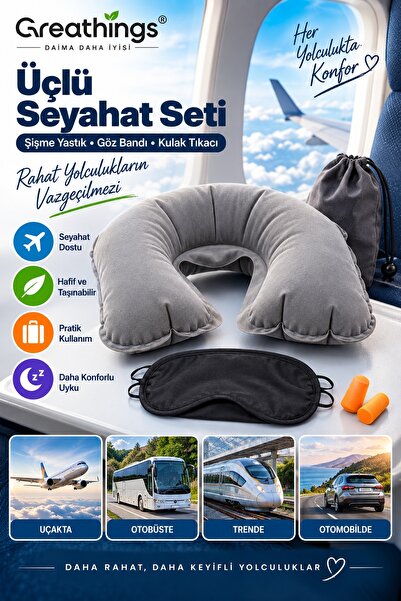 Greathings 3'lü Seyahat Seti Şişme Boyun Yastığı Uyku Göz Bandı Kulak Tıkacı ...
