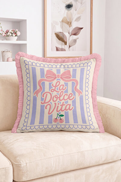 Realhomes La Dolce Vita Written Cherry and Ribbon Patterned Retro Fringed-Tas...