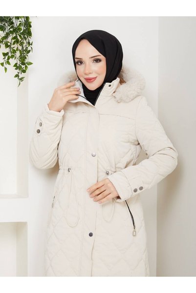 PAVENTİ Nowa Cebi Zippered Stylish Quilted Coat Cream