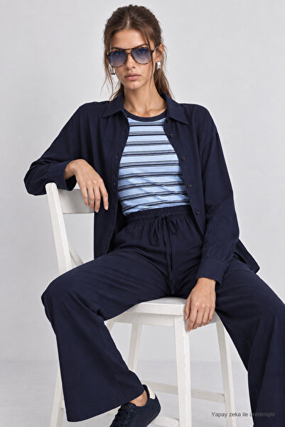 Lovelyİstanbul Viscose Shirt Trousers Set Lnz0006 Dark Blue