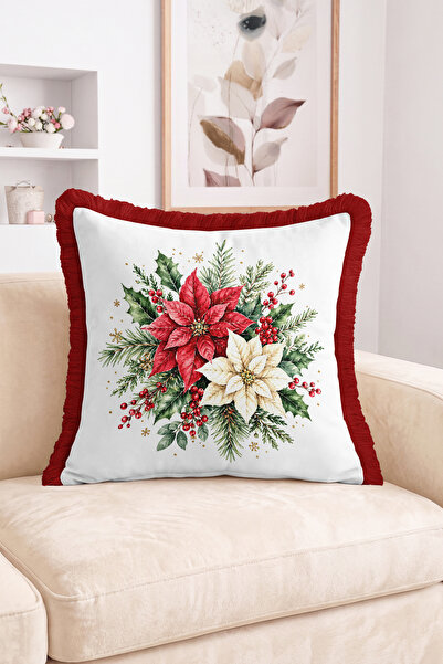 Realhomes Christmas Flower, Red Berries and Pine Branches Patterned Fringed-T...