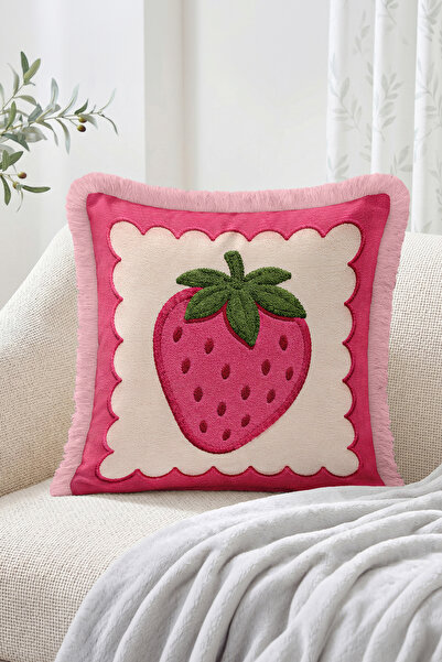 Realhomes Strawberry Figured Pink Framed Cream Background Decorative Fringed-...
