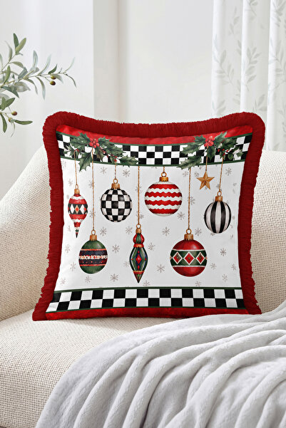 Realhomes Christmas Ornaments and Plaid Pattern Fringed-Tasseled Throw Pillow...