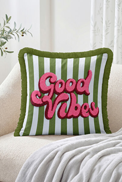 Realhomes Good Vibes Written Modern Green and White Striped Fringed-Tasseled ...