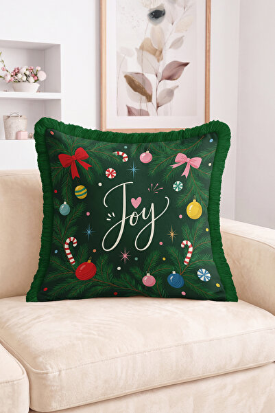 Realhomes Joy Written Christmas Pine Branch and Ornament Patterned Fringed-Ta...