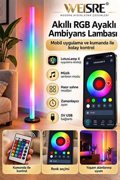 Weisre RGB LED Akıllı Ayaklı Lambader Bluetooth Uygulamalı Kumandalı Renkli A...