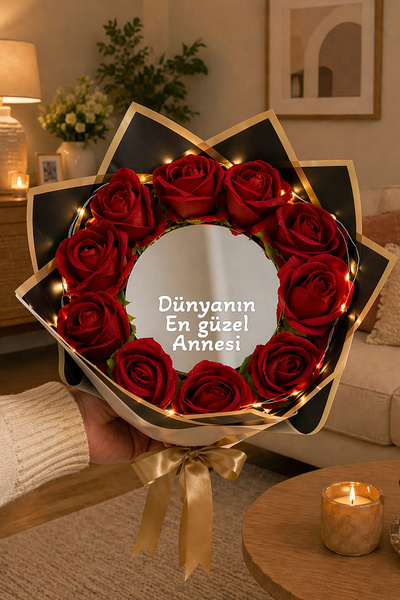 Zemtigo Led Işıklı Aynalı Kırmızı Gül Buketi Dünyanın En Güzel Annesi Çiçek Buketi Gül