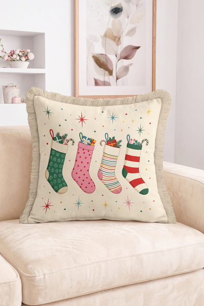 Realhomes Colorful Christmas Stocking and Star Pattern Fringe-Tassel Throw Pi...