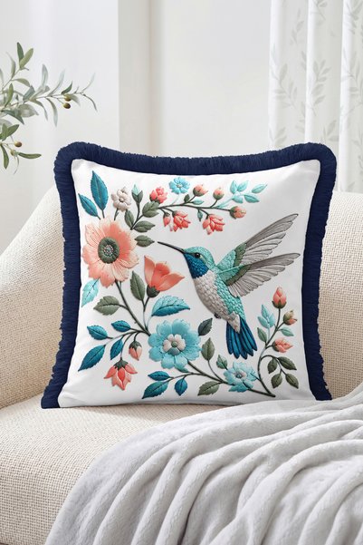 Realhomes Hummingbird and Floral Pattern Fringed-Tasseled Throw Pillow Cover