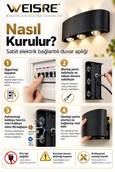 Weisre 6W LED Duvar Apliği İç Dış Mekan 6 Işınlı Yukarı Aşağı Dekoratif Siyah Duvar Lambası AC 85-265V
