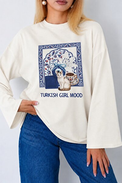 herkesemoda Kadın Turkish Coffe Kedi Baskılı uzun kollu Tesettüre Uygun Ekru Body
