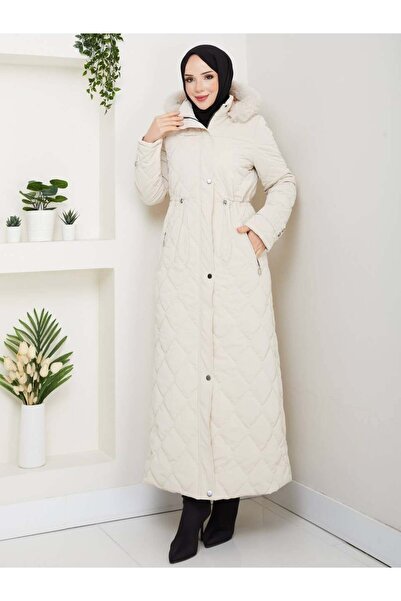 PAVENTİ Nowa Cebi Zippered Stylish Quilted Coat Cream
