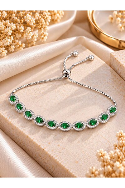 Şimal Silver 925 Ayar Gümüş Zümrüt Yeşili Asansör Bileklik