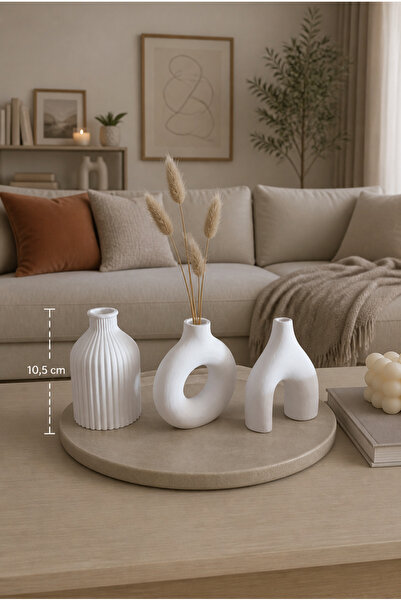 Tiny Home Collection 3'lü Modern Minimal Dekoratif Taş Tozu Vazo Ham Beyaz Boyanabilir