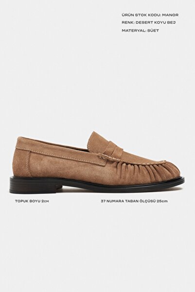 NİŞANTAŞI SHOES Manor Desert K. Bej Hakiki Süet Deri Saraç Büzgü Detay Düz Taban Kadın Penny Loafer